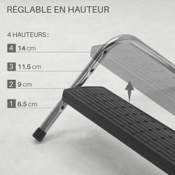 Repose pieds ajustable plateau noir, pied chrome réglable 4 hauteurs