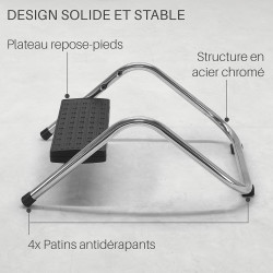 Repose pieds ajustable plateau noir, pied chrome réglable 4 hauteurs