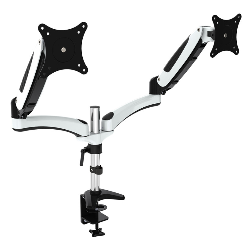 Bras articulé 2 écrans fixation pince bureau verin pneumatique