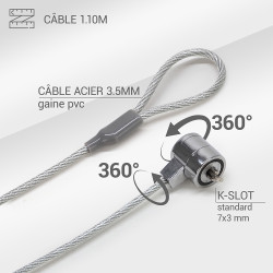 Antivol à Clé pour Ordinateur et Ecrans Encoche Sécurité Cable 1.10m