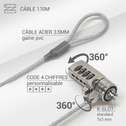 Antivol à Code pour Ordinateur et Ecrans Encoche Sécurité Cable 1.10m