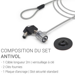 Antivol Serrure à clé avec slot d'ancrage adhésif 2,00m option pass