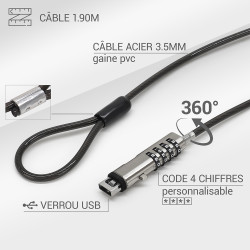 Antivol à Code pour Ordinateur USB 2.0 et 3.0  cable noir Cable 1.90m