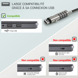 Antivol à Code pour Ordinateur USB 2.0 et 3.0  cable noir Cable 1.90m