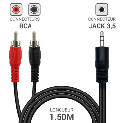 Cordon audio 1 Jack stéréo 3.5 vers 2 x RCA mâle 1.50m