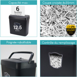 Destructeur de Documents Coupe Croisée 6 Feuilles Bac 12,5L
