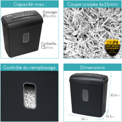 Destructeur de Documents Coupe Croisée 8 Feuilles Bac 15L