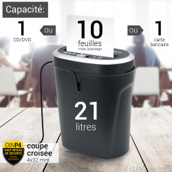 Destructeur de documents coupe croisée 10 Feuilles CD DVD bac de 21L