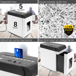 Destructeur de documents coupe croisée 5 Feuilles bac tiroir 8 litres