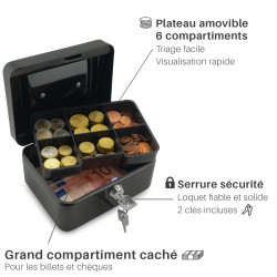 Caissette à monnaie 6 compartiments 152x115x80mm noire