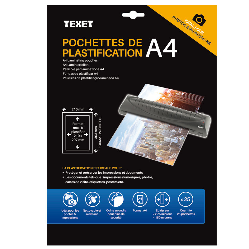 Feuilles de plastification A4 75 microns / face 150µ total bte 25pcs