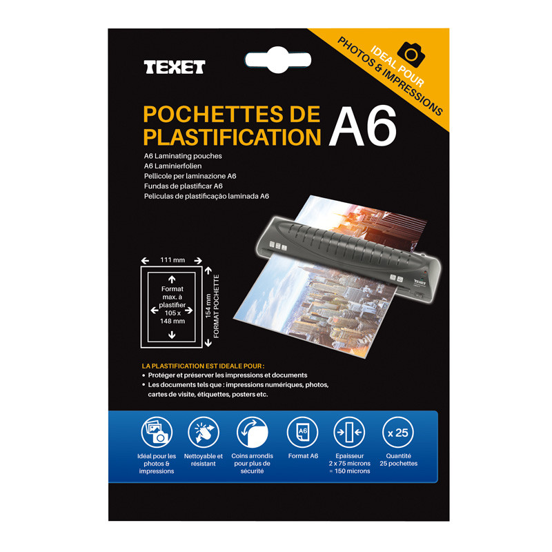 Feuilles de plastification A6 75 microns /face, 150µ total, bte de 25