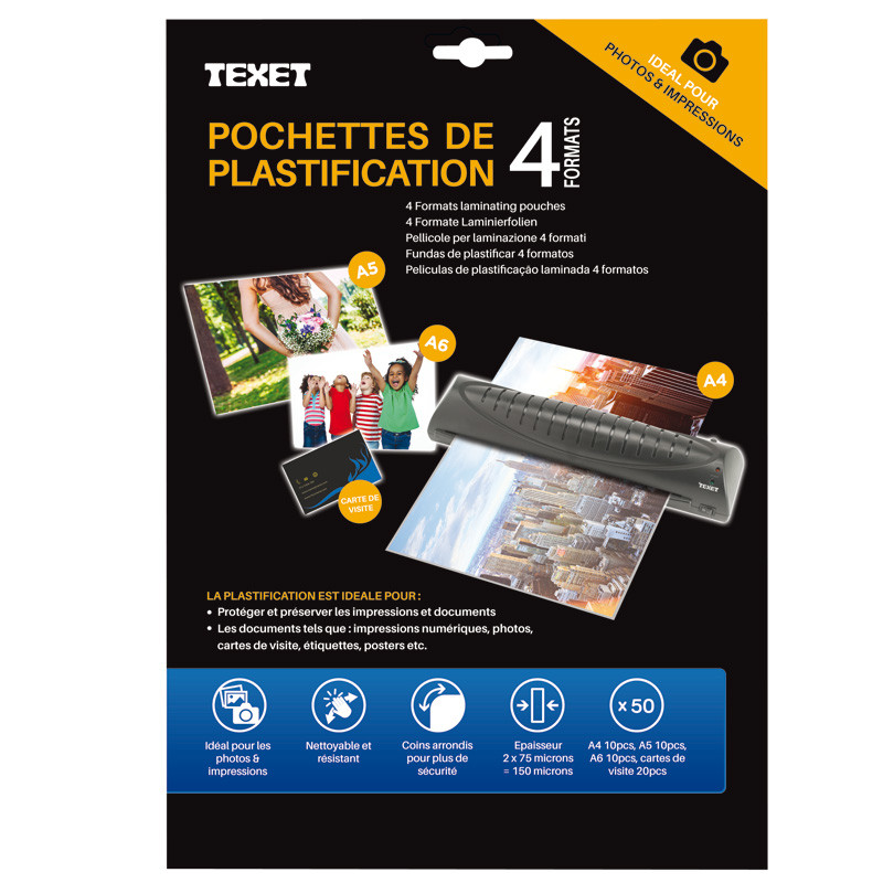 Feuilles de plastification 10xA4-10xA5-10xA6-20xCDV 150µ bte de 50