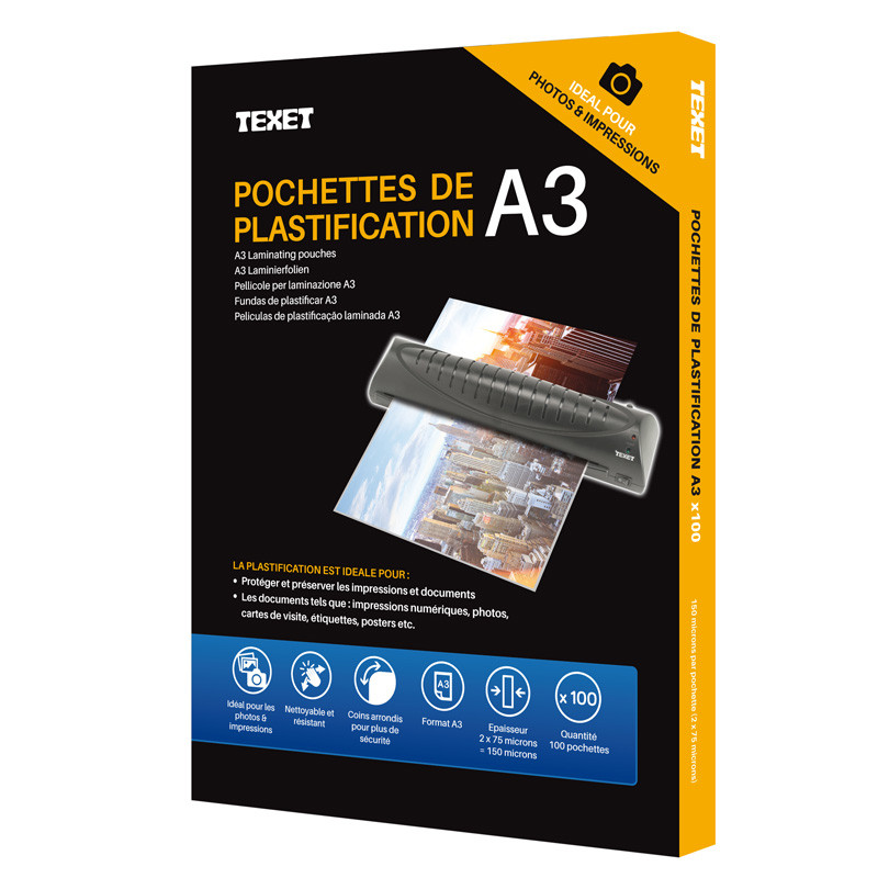 Feuilles de plastification A3 75 microns /face, 150µ total,bte de 100