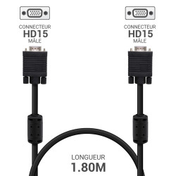 Cordon écran VGA HD 15 M/M Haute Qualité avec ferrites 1.80m