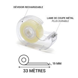 Ruban adhésif 50 Mic transparent avec dévidoir 19mm x 33m 