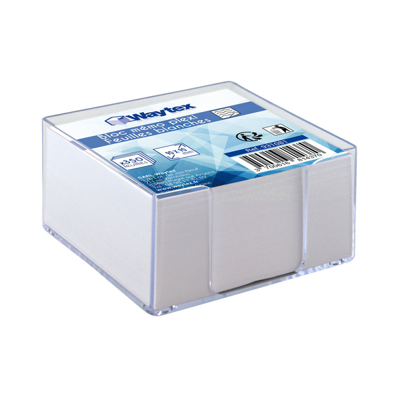 Bloc mémo blanc 350 feuilles carré 9 x 9 cm en support plexi transp.