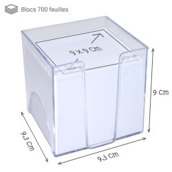 Bloc mémo blanc 700 feuilles 9 x 9 cm support plastique transparent