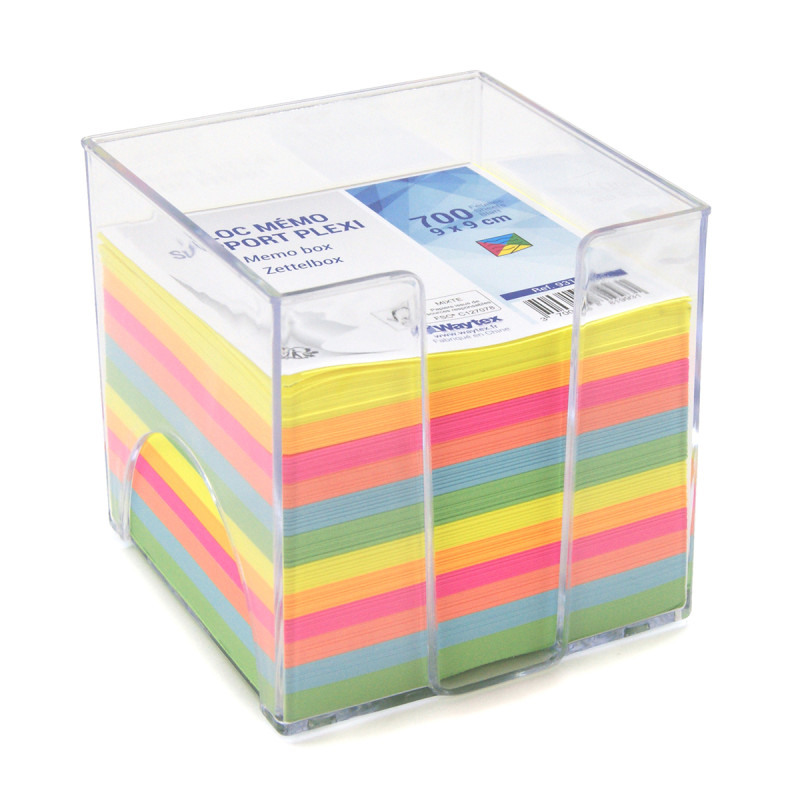 Bloc mémo multicolore 700 feuilles 9 x 9 cm support plastique transp