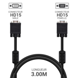 Rallonge écran VGA HD15 M/F Haute Qualité avec ferrites 3.00m