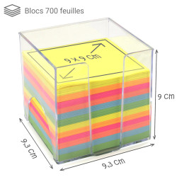 Bloc mémo multicolore 700 feuilles 9 x 9 cm support plastique transp