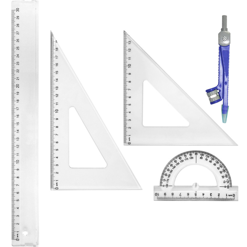 Kit 5 pcs: règle 30cm, 2 équerres 45 et 60°, rapport 10 cm, compas