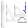 Kit 5 pcs: règle 30cm, 2 équerres 45 et 60°, rapport 10 cm, compas