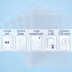 Pochettes Coins A4 Transparentes lisses 120 microns - sachet 50