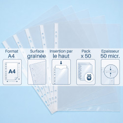 Pochettes perforées A4 transp grainées 50 mic. (5/100e) Paquet de 50