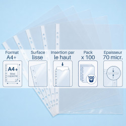Pochettes perforées A4 transp lisses 70 mic. (7/100e) - Paquet 100