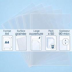Pochettes Coins A4 Transparent grainées 90 mic. (9/100e) Paquet de 50