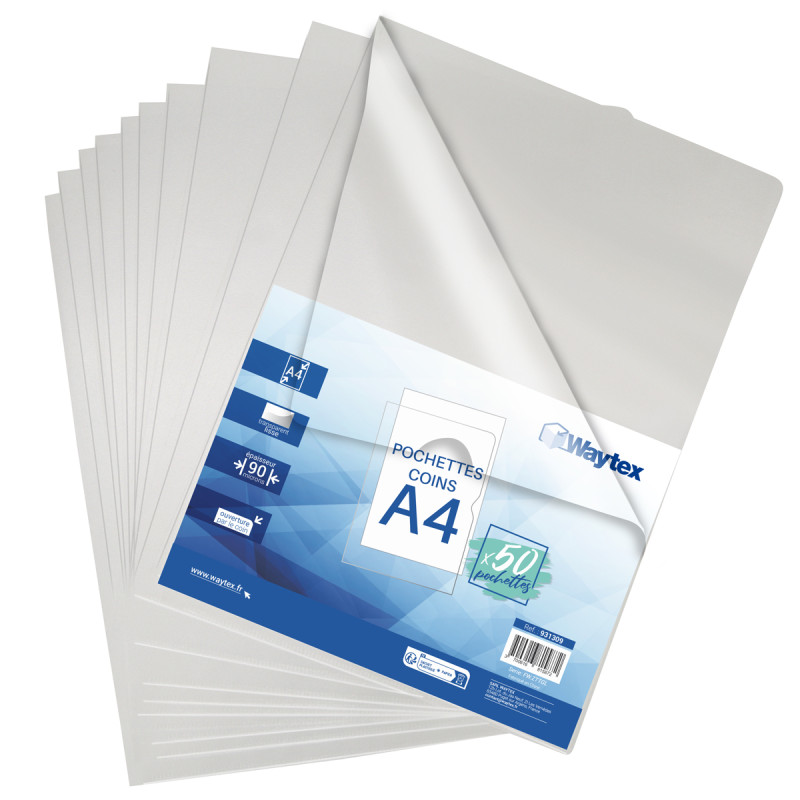Pochettes Coins A4 Transparent lisses  90 mic. (9/100e) Paquet de 50