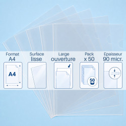 Pochettes Coins A4 Transparent lisses  90 mic. (9/100e) Paquet de 50