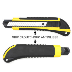 Cutter 18mm guide lame et manche grip antiglisse jaune et noir