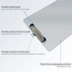 Porte-bloc A4 avec pince et porte stylo plastique rigide Transparent