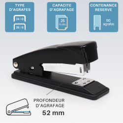 Agrafeuse de bureau métal n°24/6 et 26/6 capacité 25 feuilles 