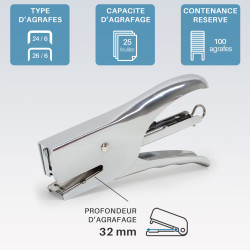 Pince Agrafeuse de bureau 24/6 et 26/6 métal capacité 25 feuilles