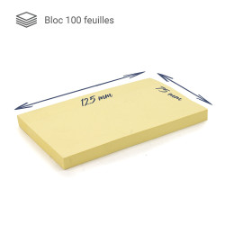 Notes adhésives repositionnables bloc 100 feuilles jaunes 75 x 125 mm