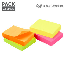 400 Notes adhésives repositionnables pack 4 blocs néon 37,5 x 50mm