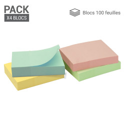 400 Notes adhésives repositionnables pack 4 blocs pastel 37,5 x 50mm