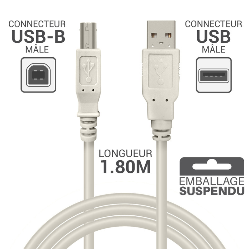 Cordon USB 2.0 A/B mâle-mâle 1.80m beige -S