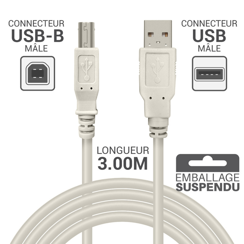 Cordon USB 2.0 A/B mâle-mâle 3.00m beige -S