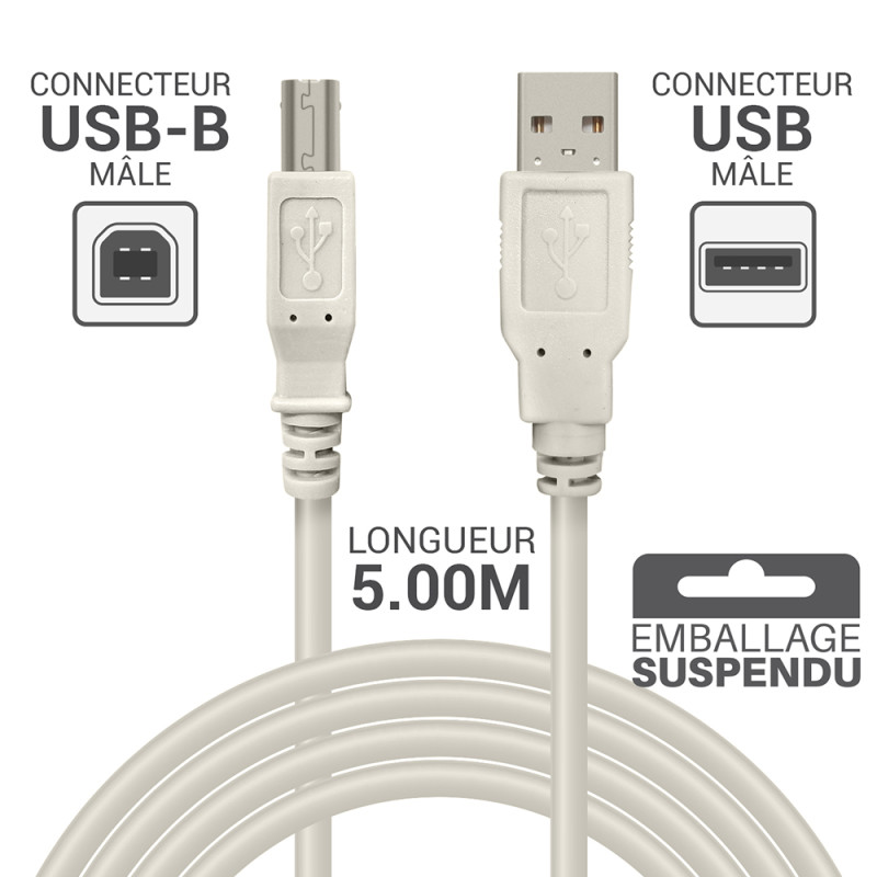Cordon USB 2.0 A/B mâle-mâle 5.00m beige -S