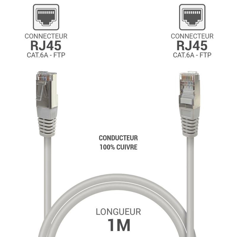 Câble réseau RJ45 Cat. 6A 100% cuivre S/FTP LSOH 1,00m Noir -S