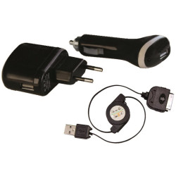 Pack charg. secteur&al cigare cordon rétract  iPhone 3à 4S/iPod noir