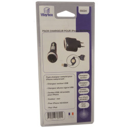 Pack charg. secteur&al cigare cordon rétract  iPhone 3à 4S/iPod noir