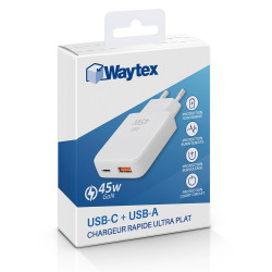 Chargeur secteur rapide Slim GaN Dble USB USB-A et USB-C 45W Blanc S