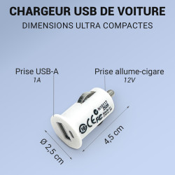 Mini chargeur USB sur prise allume cigare blanc 1A sachet