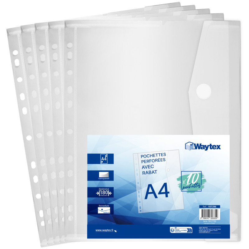 Pochettes perforées A4 transp porte documents rabat velcro pack de 10