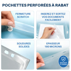 Pochettes perforées A4 transp porte documents rabat velcro pack de 10